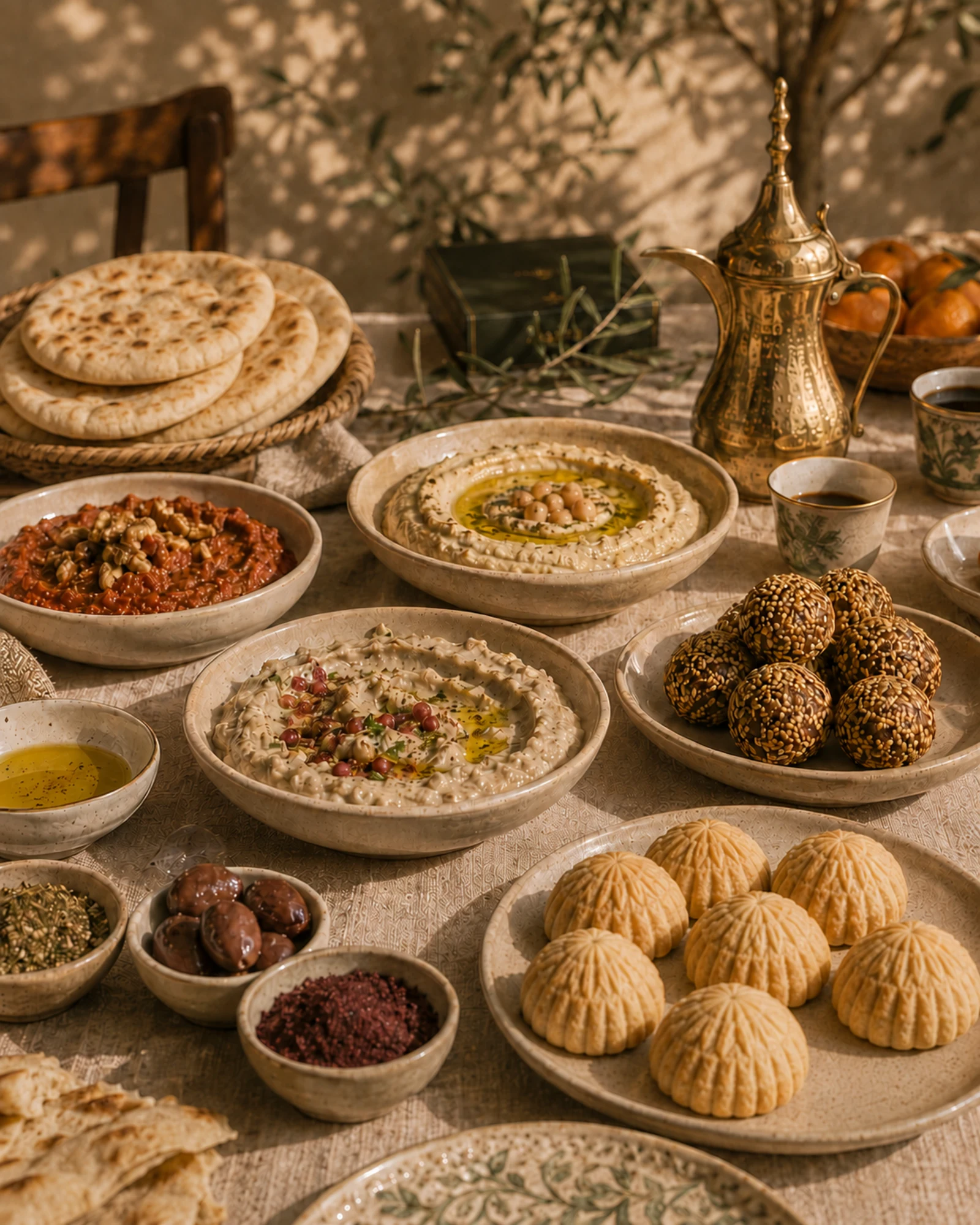 A Palestinian sufra with hummus, mutabbal, muhammara, bread, olive oil, za’atar, sumac, date balls, maamoul and Arabic coffee
